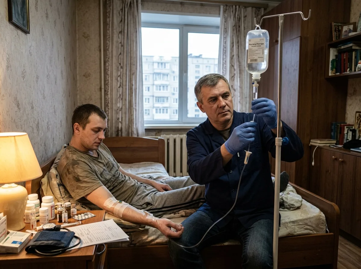 Врач-нарколог проводит детоксикацию пациента с наркотической зависимостью на дому, капельница с лекарственными препаратами, Воронеж