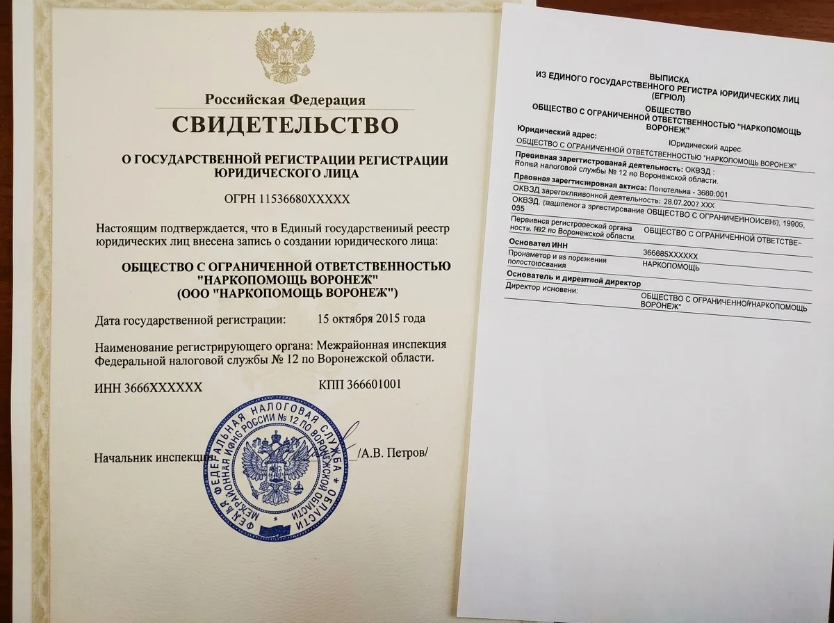 Свидетельство о государственной регистрации юридического лица ООО НаркоПомощь Воронеж, выписка из ЕГРЮЛ с печатью налогового органа